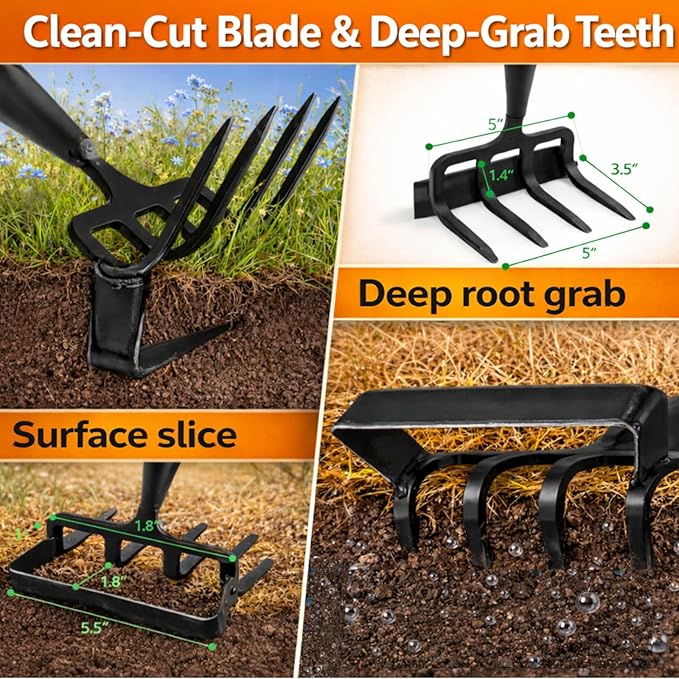 Garden Hoe, 2-in-1 Stirrup Action Hoe with 4-Tine Cultivator Rake, 74 Inch Long Handle Scuffle Weeder Hoe Weeding Tool for Fast Weeding, Soil Loosening, Aerating and Compost Mixing
