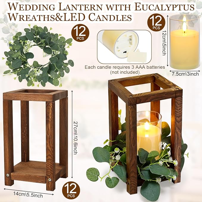 36 Pcs Wooden Lantern Centerpiece - Wedding Lantern with Eucalyptus Candles Wreaths LED Flameless Candles Rustic for Country Wedding Party Farmhouse Table Decor