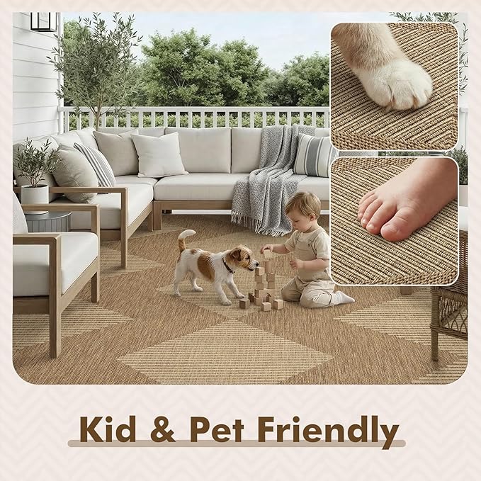 MontVoo-2x8 ft Indoor Outdoor Runner Rugs for Entryway Porch Hallway Kitchen Door Entrance Long, Textured Weave Polypropylene, Durable for High Traffic, Fade-Resistant, Boho Geometric Neutral Brown