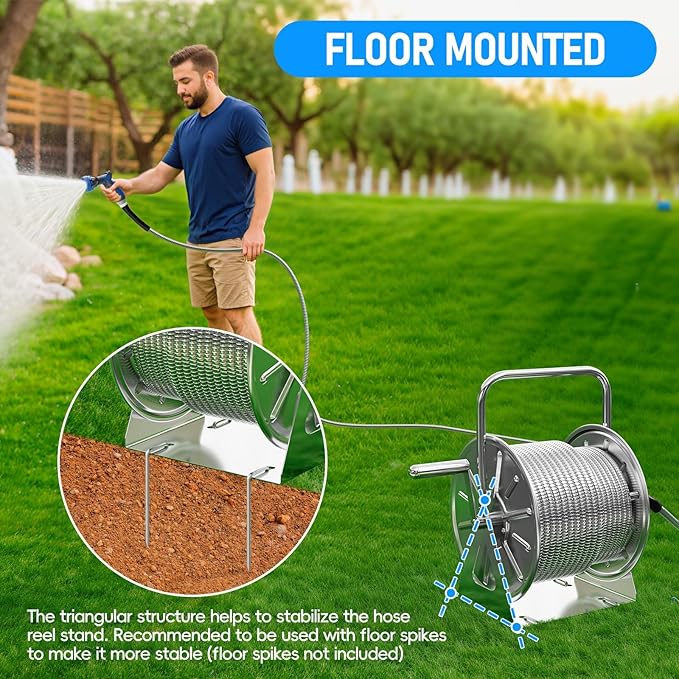 SPECILITE Stainless Steel Garden Hose Reel with 100FT Drinking Water Hose and 6.2FT Leader Pipe, Wall/Floor Mounted Metal Spool with Crank Handle, UV Resistant for Outside, Yard, Patio