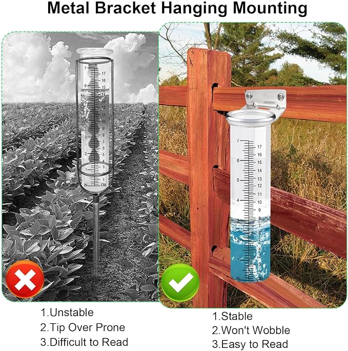 7" Capacity Rain Gauge Outdoor with Stainless Steel Mounting Rack Holder, Wall Mount Hanging Rain Measure Gauge for Yard,Post Mount Rain Gauge Large Rain Gauge Outdoor for Home Yard Garden