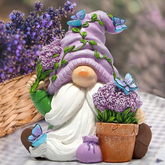 Hodao Spring Gnome Garden Decor with Butterflies and Lavender Flowers, Hand Painted Resin Gnome Figurine for Home Shelf Table Patio Decoration, Gift for Women Mom Garden Lovers