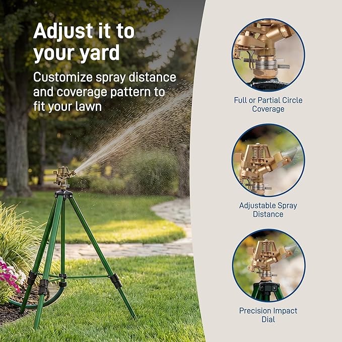 Orbit Tripod Lawn Zinc Impact Sprinkler - 360 Degree Rotating Yard Sprinkler with Adjustable Height - Heavy-Duty Zinc - High-Pressure Nozzle - for Large Lawn Coverage - 56667