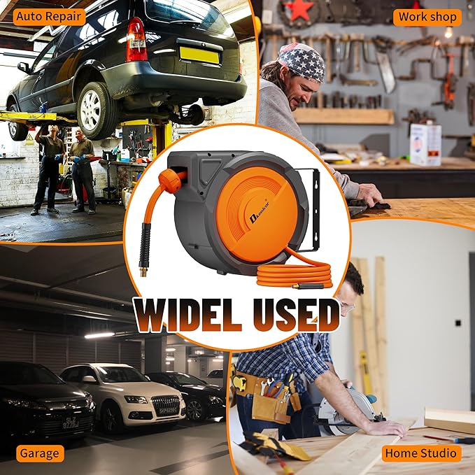 Retractable Air Hose Reel, 3/8" x 80ft Hybrid Hose, Auto Rewind Enclosed Air Compressor Hose Reel with 180° Swivel Bracket, Max 300 PSI Any Length Lock for Garage & Workshop