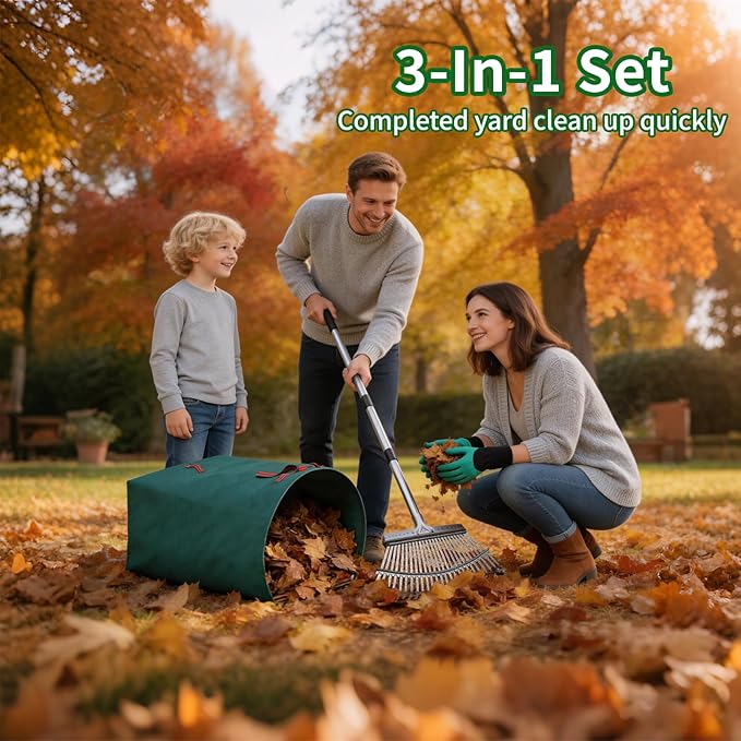 72 Gallon Leaf Rake Set with Dustpan-Type Bag - Heavy Duty Garden Rake for Leaves, 18" Wide 25 Tines Adjustable Handle, Protective Gloves for Lawn, Yard & Garden Cleanup
