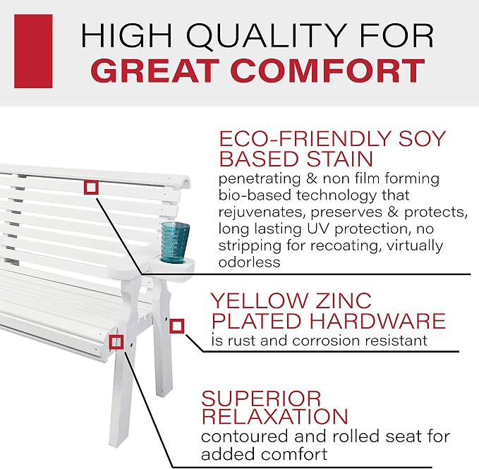 Amish Casual Heavy Duty Pressure Treated 5 Foot Outdoor Garden Bench with Cup Holders - Amish Crafted Roll Back Design in White Stain, 700 Lb Weight Capacity
