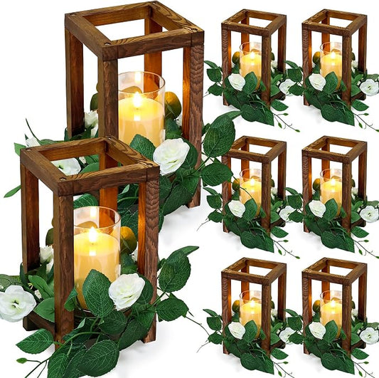 18 Pcs Wooden Lanterns - 6 Wooden Wedding Centerpieces 6 White Roses Candle Wreaths 6 LED Flameless Candles for Rustic Farmhouse Country Wedding Party Table Decor