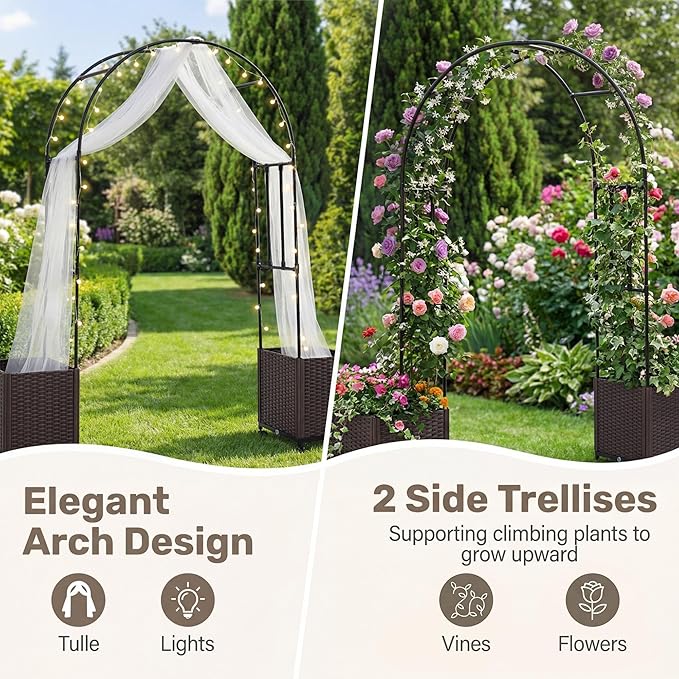 Giantex Metal Garden Arch Trellis Arbor with 2 Self-Watering Planter Boxes, 80" L x 16" W x 91" H PE-Coated Archway with Lockable Rolling Wheels for Climbing Vines, Yard Lawn Party Decorations