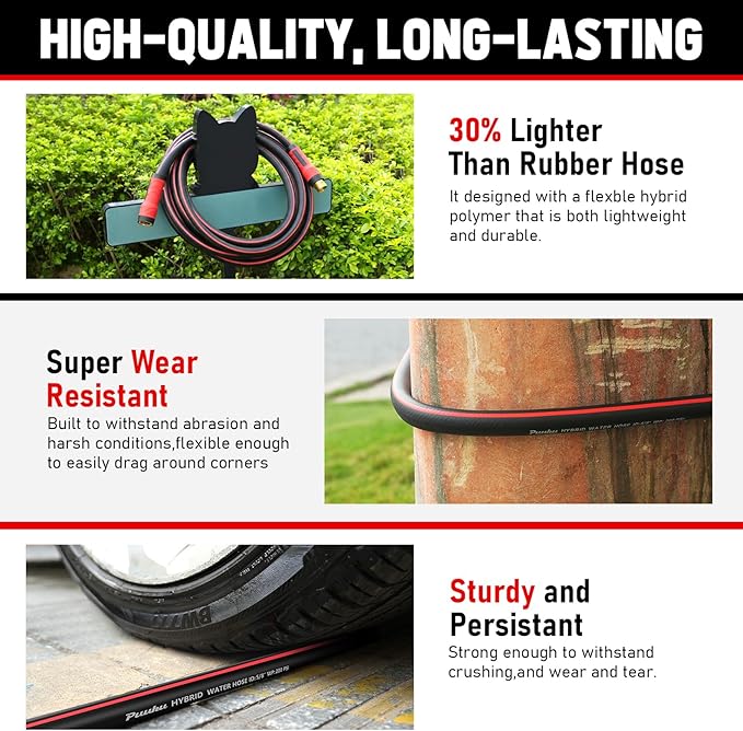 Garden Hose 50ft x 5/8", NON-EXPANDABLE Heavy Duty Premium Flexible Water Hose with 10 Function Spray Nozzle, No Kink, Leakproof, Lightweight Hybrid Hose with Swivel Handle, Male to Female Fittings