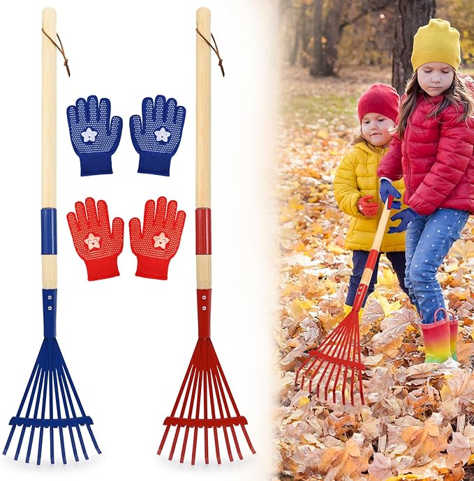 NNG 2 PCS 27" Metal Kids Leaves Rakes and 2 Pairs Kids Gloves,Small Kid Lawn Rakes with Wooden Handle,Garden Tool Set for Boys and Girls