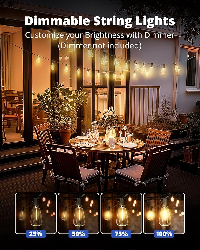 VIPAR String Lights Outdoor 50FT LED Patio Lights Outdoor Waterproof with 25+2 Shatterproof ST38 Edison Bulbs, Outside Hanging Light for Porch, Garden, Backyard, Deck, Balcony, Decor, 2700K Dimmable