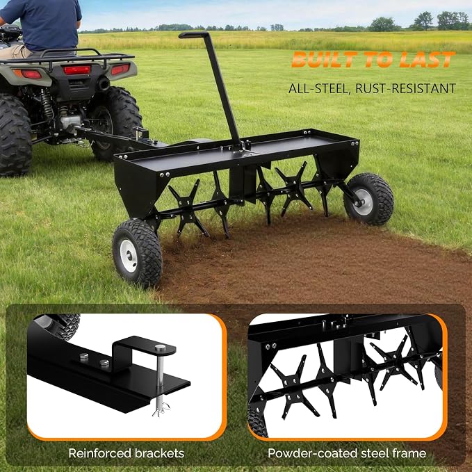 VINGLI 40" Tow Behind Lawn Plug Aerator with Weight Tray, 24 Knives, Adjustable Handle & 10" Inflatable Wheels, Universal Hitch for Lawn Tractor ATV UTV, Garden, Yard, Farm, Black