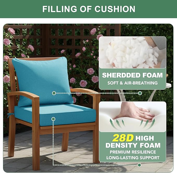 Summsun Faux Linen Outdoor Chair Cushions, Water Resistant Backrest and Deep Seat Cushion Set with Removable Cover, Straps, Non-Slip Bottom for Patio Furniture, 24 x 24 Inch, Teal