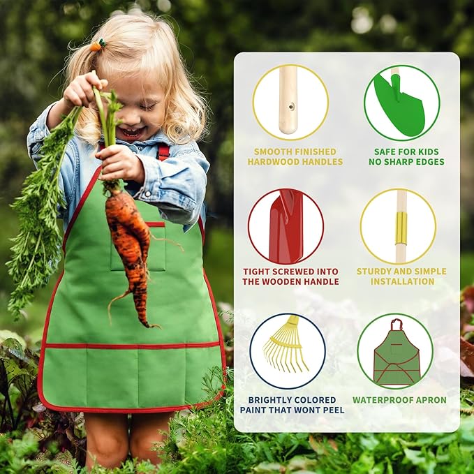Qtioucp Kids Gardening Wheelbarrow Set, Metal & Wooden Garden Tools for Kids Ages 3-8, Real Wheelbarrows with Apron, Gloves & STEM Guide, Outdoor Backyard Garden Toy Gift (Wheelbarrow Garden Set)