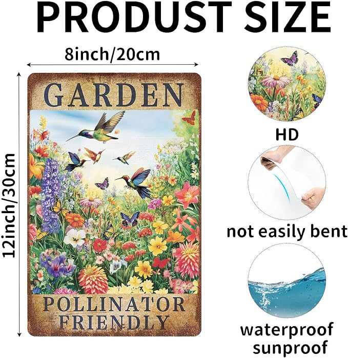 Garden Pollinator Friendly Flower Metal Sign Vintage Tin Sign Funny Wall Decor for Garden Yard Outdoor Kitchen Home 12×8 Inch