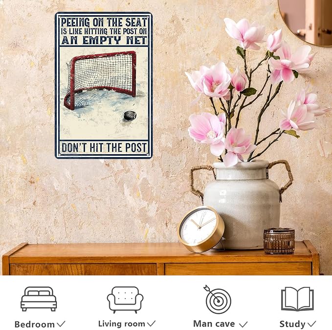 Metal Tin Sign Funny Hockey Wall Decorate Don't Hit The Post Sign for Home Man Cave Garage Bar Basement Decor 8x12Inch