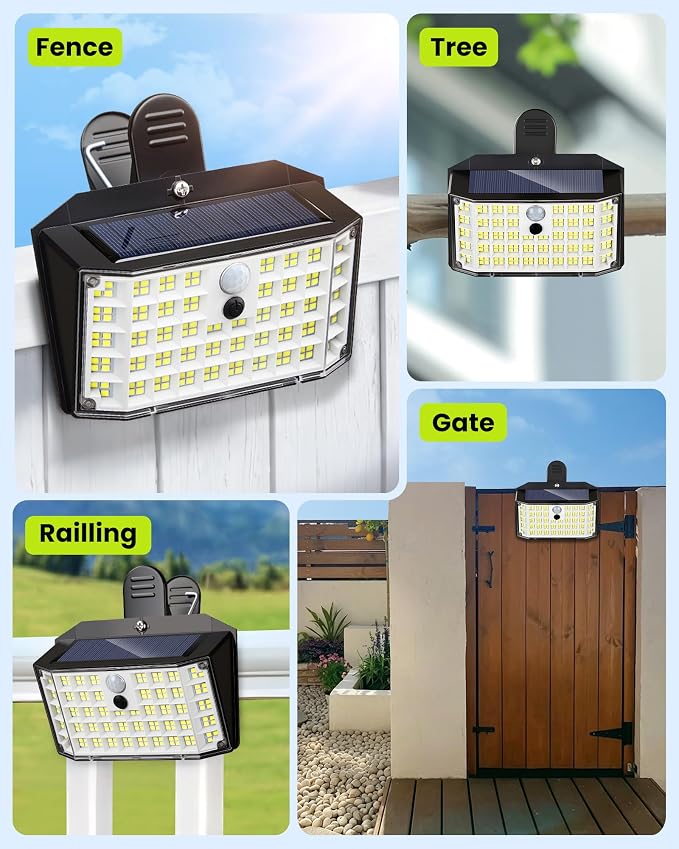 Clip on Solar Lights Outdoor with Motion Sensor, 600LM 176LED Solar Fence Lights Outdoor Waterproof, 3 Modes & Portable Security Lights for Chain Link Patio Deck Yard Garage(6Pack)