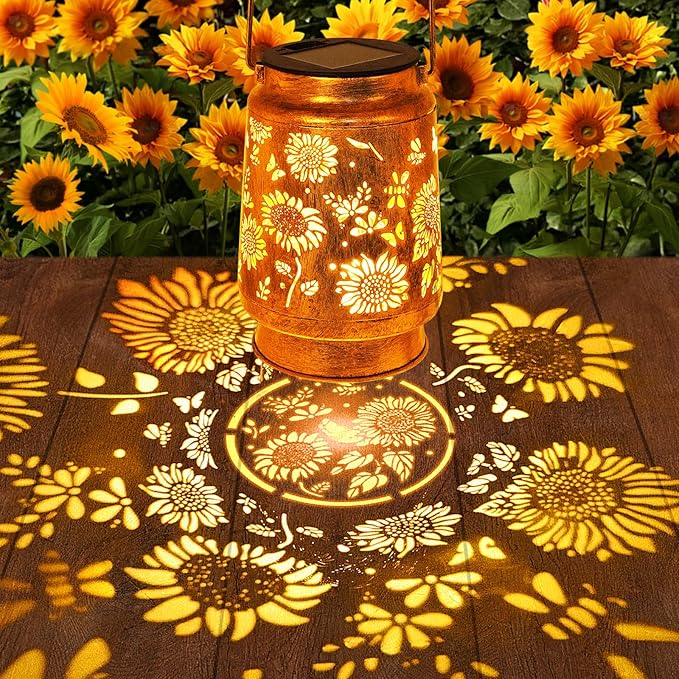 Sunflower Solar Lanterns Outdoor Waterproof, Birthday Gifts for Women Mom Grandma, Metal Hanging Lantern Solar Lights LED Decoration with Shepherd Hook Outside for Yard, Patio, Porch, Garden Decor