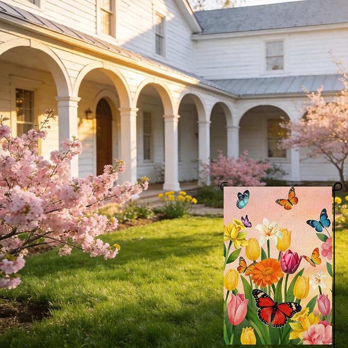 Spring Summer Tulip butterfly Welcome Garden Flag 12x18 Inch Double Sided Colorful Floral Outside Flag for Burlap Holiday Farm house Yard Flag Outside Decoration