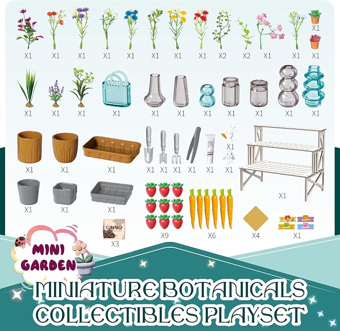 70 Pcs Make It Miniature Brands Nature Garden Plants Set with Wood Display Stand, Mini Botanical Collectibles, Paper Flower Bouquet DIY Craft Kit, Mini Greenhouse Toy Gift for Kids and Adults (Blue)