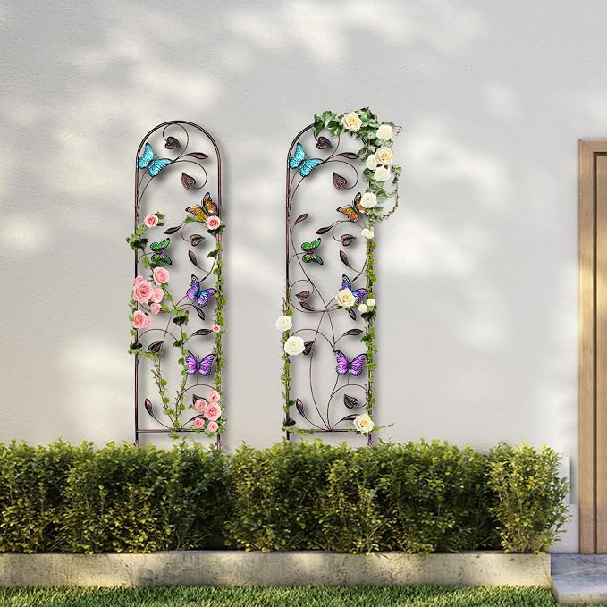 aboxoo Set of 2 Packs Butterfly Metal Garden Trellis for Climbing Plants,Outdoor Decorative Flowers Arch Fence Trellis for Outdoor Patio,Garden,Lawn,Yard,Backyard,Wall Brackets,60'' H x 11'' W