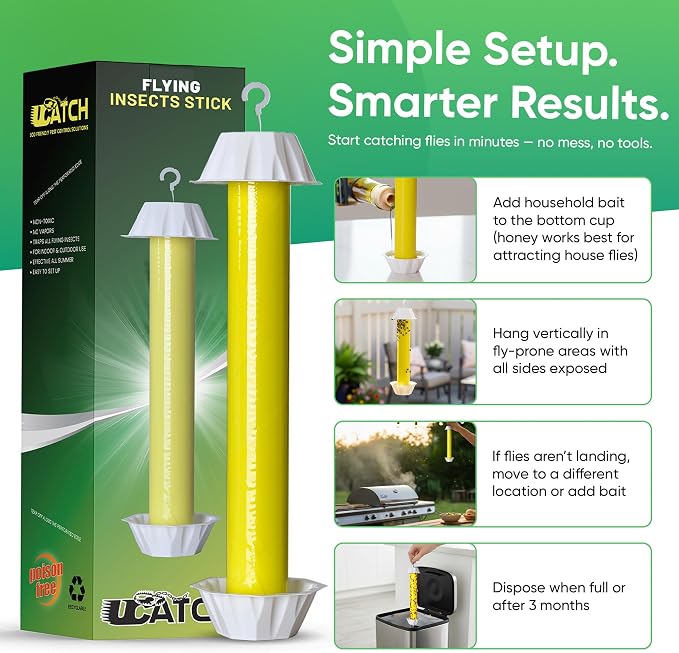 Sticky Fly Trap Indoor & Outdoor Pack of 8 | Hanging Fly Stick for Gnats, Flies, Wasps, Mosquitoes & Other Flying Bugs | Fly Trap Sticky | Fly Catcher Indoor | Flying Insect Trap Rolls | Ucatch