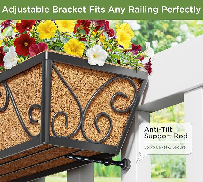 Y&M 4Pcs 30'' Large Railing Planter Boxes with Coco Liner, Outdoor Hanging Window Flower Boxes for Deck, Fence, Porch, and Patio