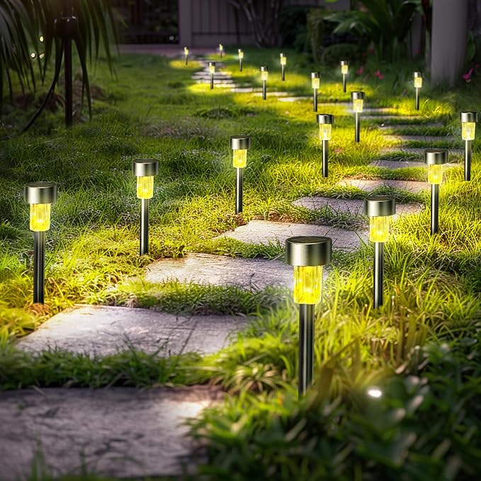 GIGALUMI 24 Pack Solar Lights Outdoor Waterproof,Stainless Steel LED Solar Garden Lights, Solar Pathway Lights Outdoor, Outdoor Solar Lights for Yard, Patio, Lawn and Landscape(Warm White)