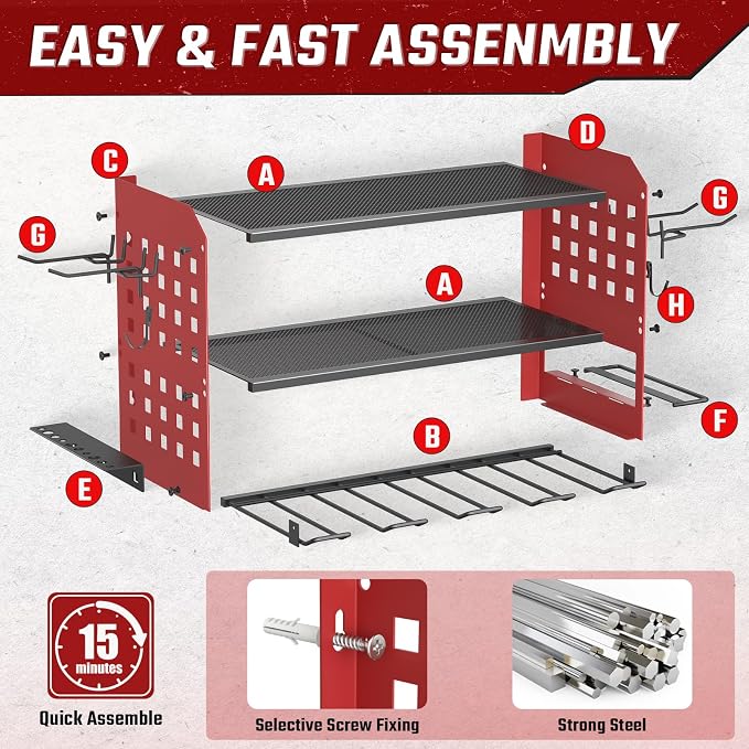 SUNALLY Power Tool Organizer, Heavy Duty Wall Mount Tool Organizer 3 Layers with 4 Drill Holders, Garage Tools Storage Rack with 2 Side Pegboards and Hooks for Workshop, Shed, Red