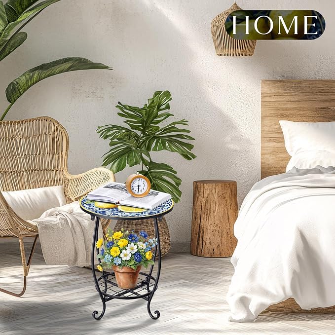 Cinnvoice Outdoor Side Table Round Small Mosaic Patio Accent Indoor End Plant Coffee Tea Table for Yard Patio Porch Garden Living Room, Bedroom(Lemon Style,14 Inch)