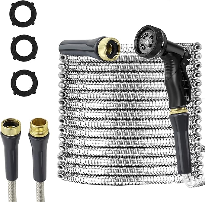 Stainless Steel Garden Hose 125ft Heavy Duty Metal Water Hoses with 10 Function Water Hose Nozzles for Yard Outdoor