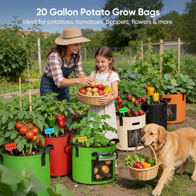 20 Gallon Potato Grow Bags: Set of 5 Colorful Gardening Supplies Fabric Pots with Harvest Window Reinforced Handles - Planting Container for Vegetable Tomatoes Carrot Flowers Balcony Patio Use