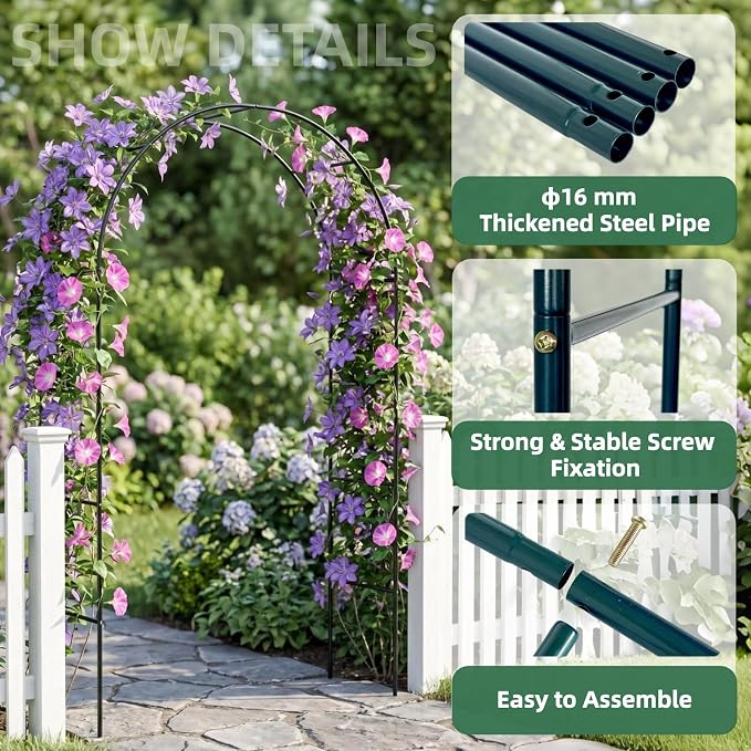 Thickened Metal Garden Arch,16mm Pipe Diameter 7.6ft Heavy Duty Garden Arch Trellis for Climbing Plants Outdoor,Garden Arbor for Climbing Plants,Roses,Garden Party,Ceremony & Decorations