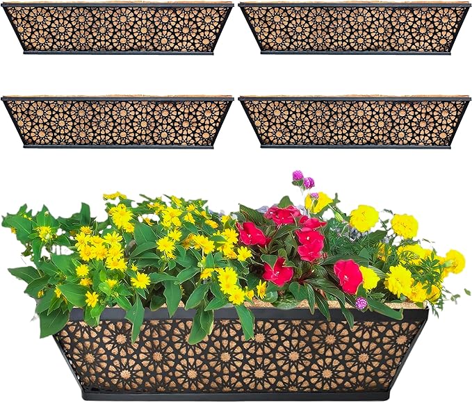 EIMQUVW 4 Pack 24" Railing Planter Window Box Deck Balcony Rail Planter Black Metal Flower Basket Horse Trough Planter with Coco Fiber Liner for Porch Fence Patio Outdoor