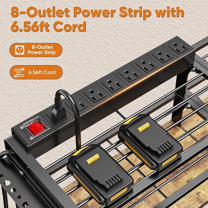 POKIPO Large Power Tool Organizer Wall Mount with 8-Outlet Charging Station, 600lbs Capacity Garage Storage Rack for 8 Cordless Drills Holder, Heavy Duty Metal 4-Layer Battery Utility Rack