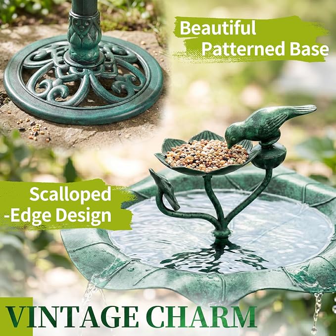 VINGLI Pedestal Bird Bath 28 Inch Antique Copper Resin Birdbaths Weather Resistant Floral Accents and Vintage Finish Garden Decor for Outdoor Lightweight Courtyard… (Green-with Bird Feeder)