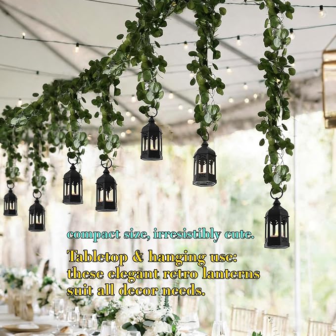 Mini Moroccan Lanterns with Flicker LED Candles Set of 12, Black Vintage Decorative Hanging Lanterns for Ramadan Decorations, Christmas, Halloween, Wedding Decor, Party, Table Centerpiece