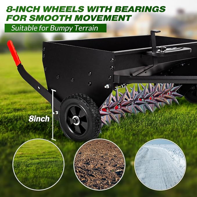 Suchtale Upgrade 40-Inch Tow Behind Spiker Seeder,Combination Tow Spike Aerator,Broadcast Spreader,Steel Hopper Lawn Drop Seed Fertilizer and Spreader,Lawn Soil Aerator Spikes Tractor
