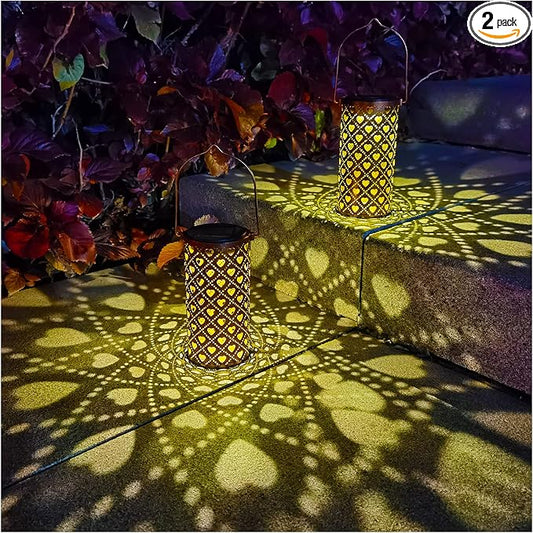 2 Pack Solar Lanterns Outdoor Hanging Heart Pattern Decor Lantern,Waterproof Hollow Out Metal Decorative Garden Light,Graceful Decoration for Patio,Yard,Landscape,Walkway,Festival