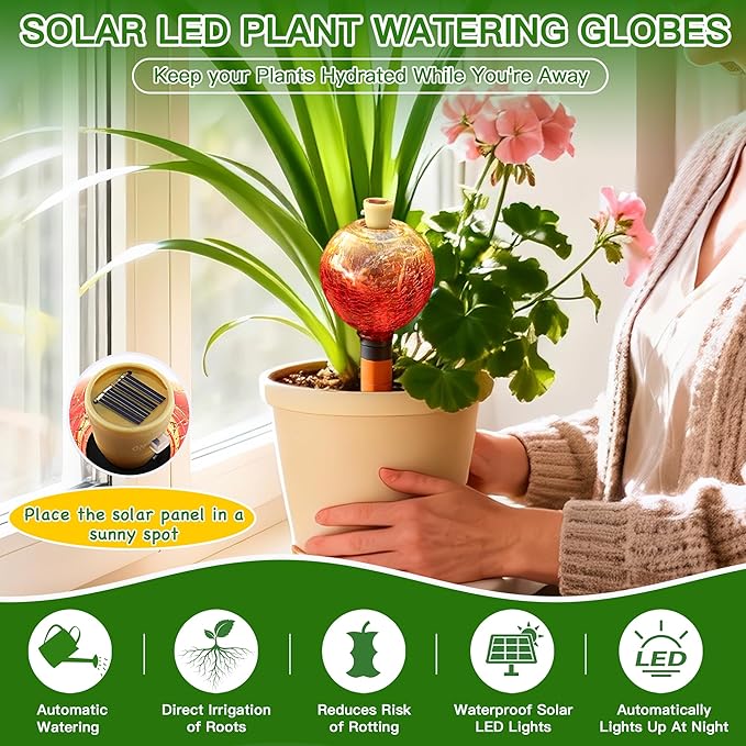 SAVENNA Crackle Glass Plant Watering Globe with Terracotta Spike,Self-Watering Irrigation for Potted Plants, with Solar Accent Light for Indoor & Outdoor Décor, 17oz, Gold–Red Gradient