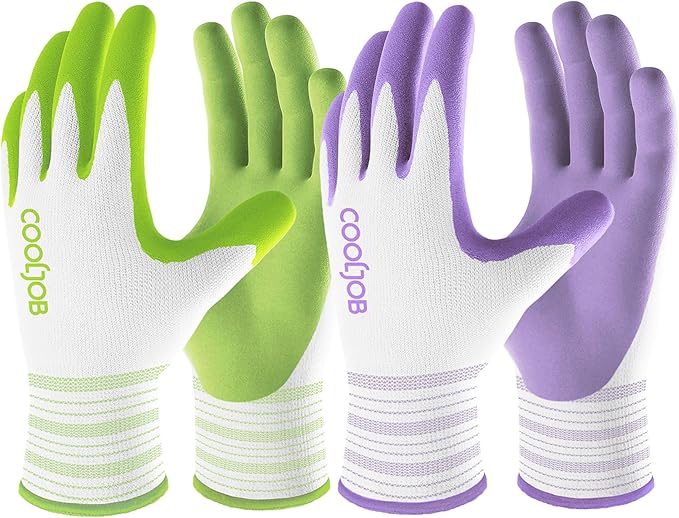 COOLJOB 2 Pairs Gardening Gloves for Women Ladies, Breathable Rubber Coated for Yard Garden, Outdoor Indoor Protective Work, Large, Lavender Purple & Apple Green