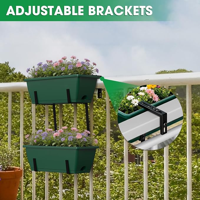 Balcony Planters Railing Hanging, Deck Railings Planter Boxes 16.9in, Railing Planter Box, Deck Planters for Railings, Railing Flower Box with Metal Brackets, Black Green