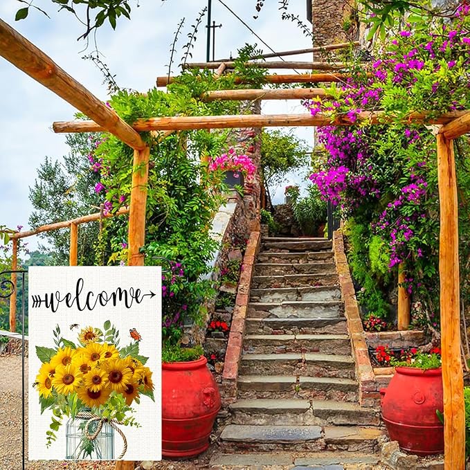 Summer Garden Flag Yellow Sunflower Mason Jar Double Sided 12x18 Inches Bee Welcome Small Yard Flag Burlap Welcome Yard Decoration for Outside Porch
