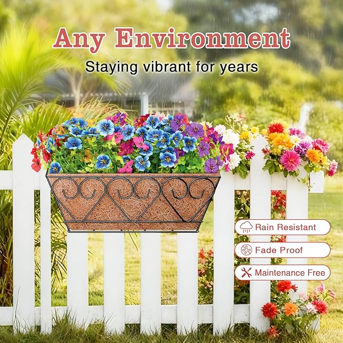 Halatool Railing Planter Box with Artificial Flowers, Metal Window Box with Coconut Liners & 12 PCS UV-Resistant Colorful Faux Flowers for Porch Patio Balcony Windowsill All Season Home Decor (16 in)
