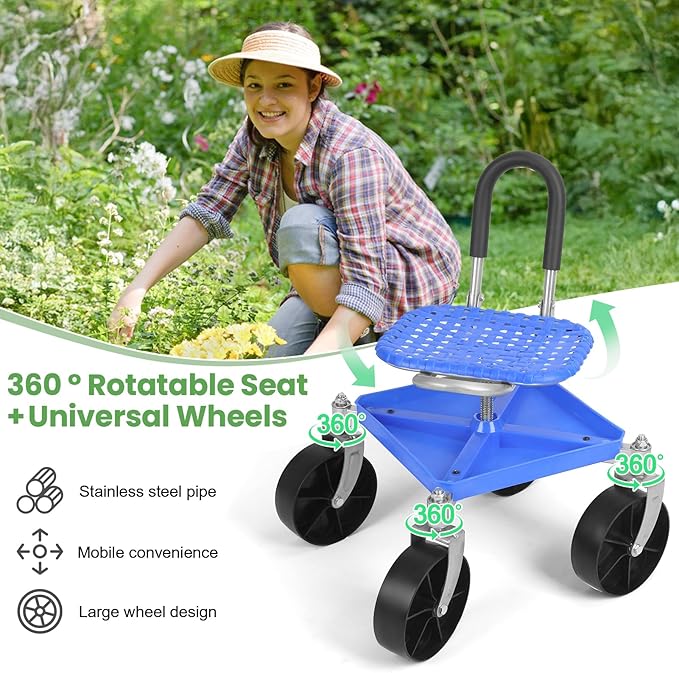 Garden Stool with Wheels 360° Swivel Garden Cart Seat Height Adjustable Rolling Workseat with Tool Tray & All-Terrains Wheels, 330Lbs Heavy Duty Gardening Stool for Seniors (Blue)