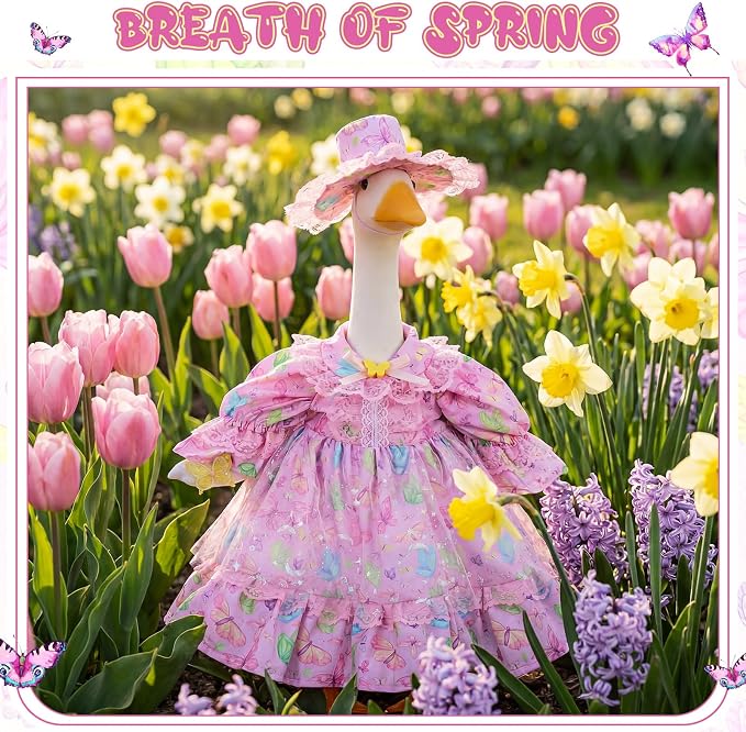FuWeave Spring Goose Outfit Fancy Dress Butterfly Porch Goose Clothes for 23" Large Statue Outdoor Patio Yard Lawn Art Decoration