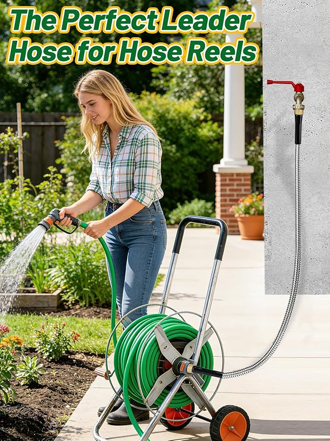 5ft Female to Female Short Garden Hose with Brass Fittings - Stainless Steel Metal Leader Hose Connector for Hose Reel, Heavy Duty & Flexible, for Outdoor Cleaning Car Pet