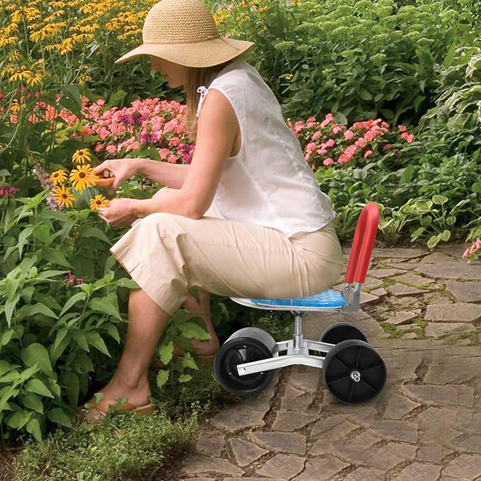 Garden Cart Rolling Workseat with Wheels, Heavy Duty Gardening Stool for Planting, 360 Degree Swivel and Adjustable Height, Use for Patio Yard and Outdoors