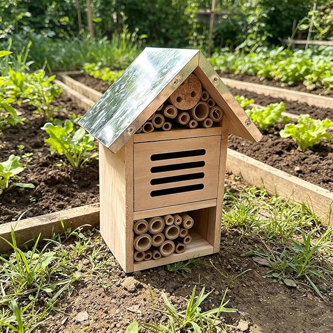 Bee House Hanging Insect Hotel, Natural Wooden Bee Hotel for Garden, Yard, or Balcony, Attracts Pollinators Like Bees, Butterflies and Ladybugs
