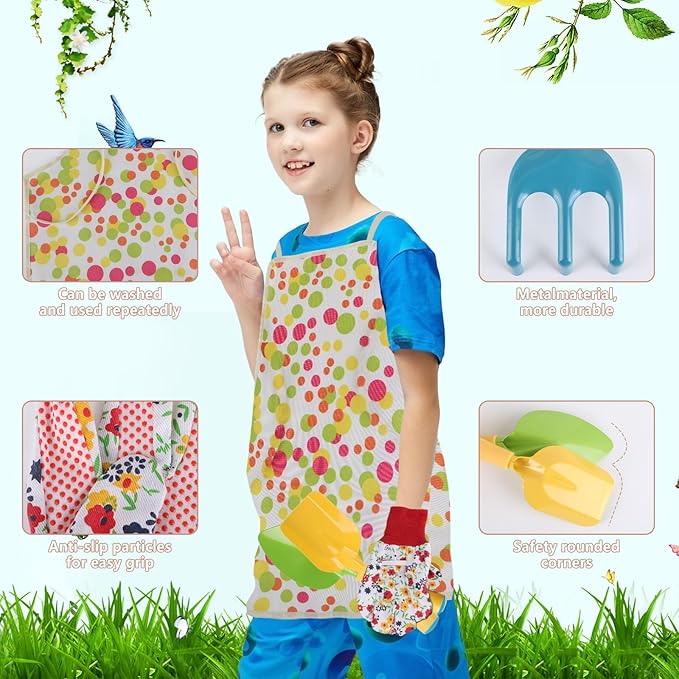 Kids Gardening Set, Kids Gardening Tools with Watering Can, Shovel, Rake, Gloves, Waterproof Apron and Storage Bag, Kids Beach Sand Toys Set for Boys Girls Age 3 4 5 6 7 8